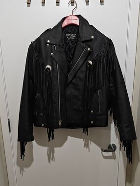 Black Fringe Leather Jacket for Women